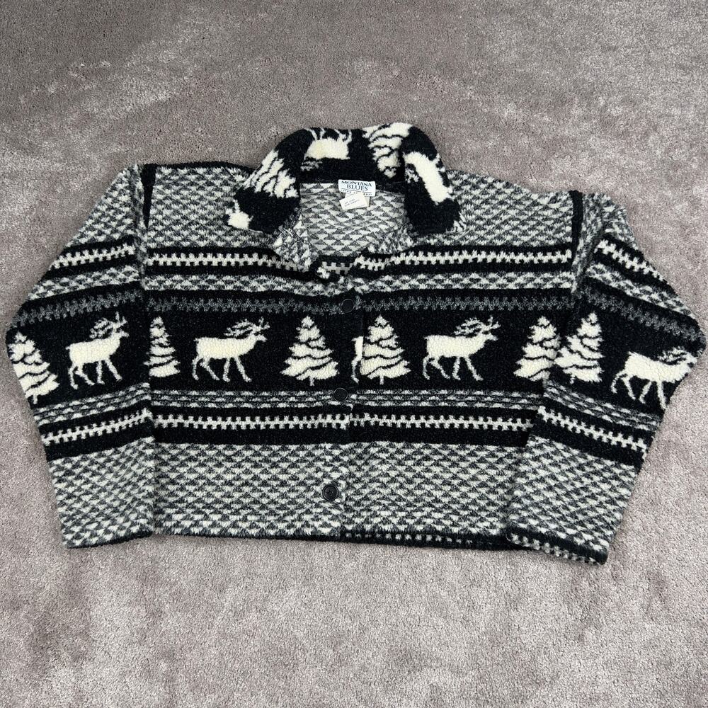 Montana Blues Size L Black White Elk Fair Isle Cropped Cardigan Sweater 90s